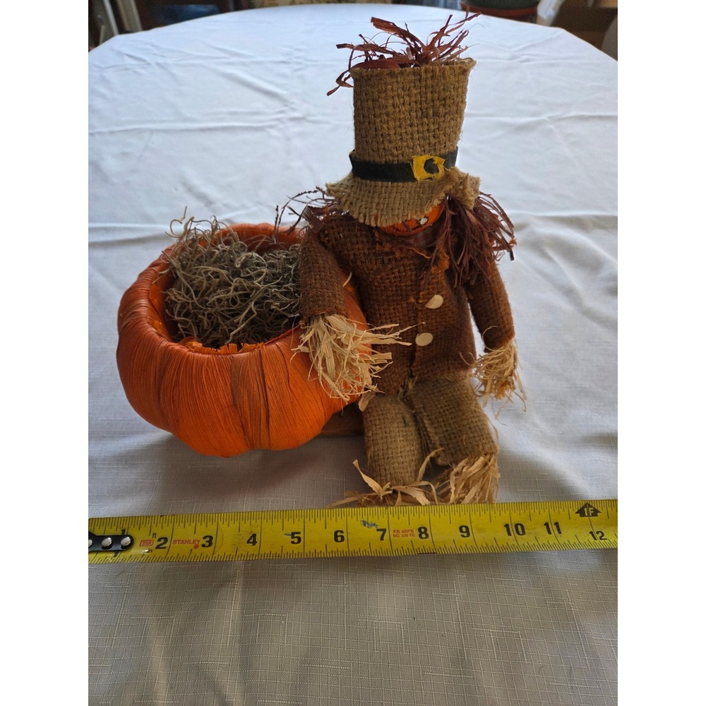 Rustic Fall Scarecrow with Pumpkin Planter Burlap Autumn Harvest Decor 12in